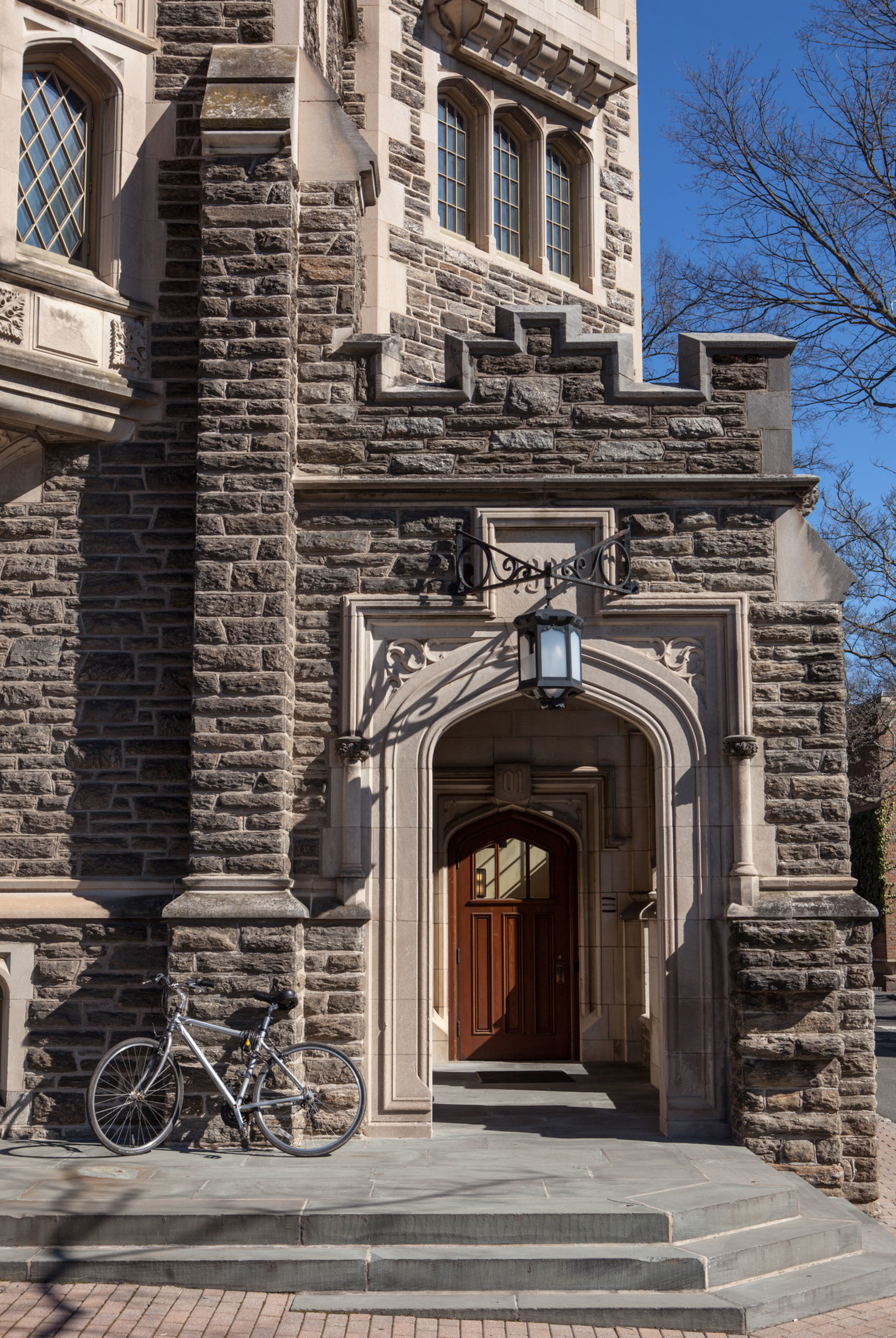 Exterior wooden door on stone building (Patton Hall)